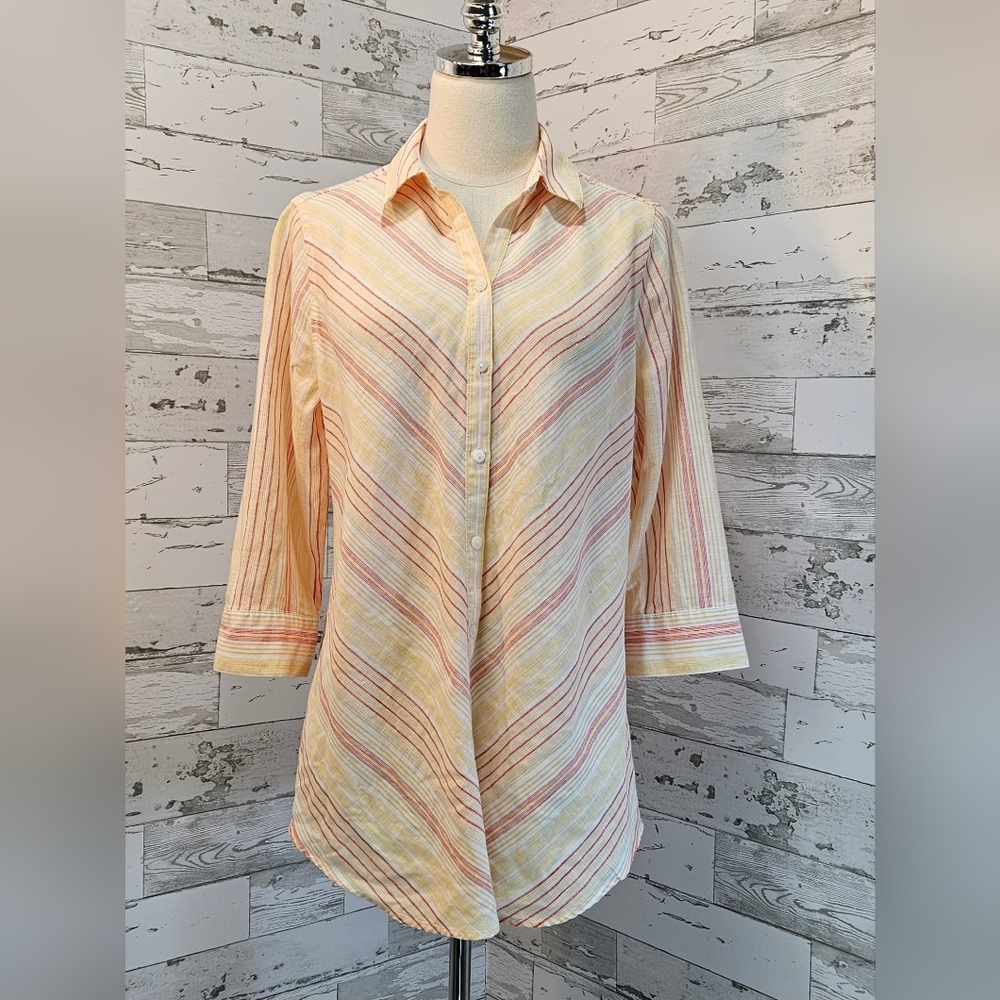 Chicos Womens No Iron Button up Linen Shirt‎ 0 US size Small Striped Loop Back